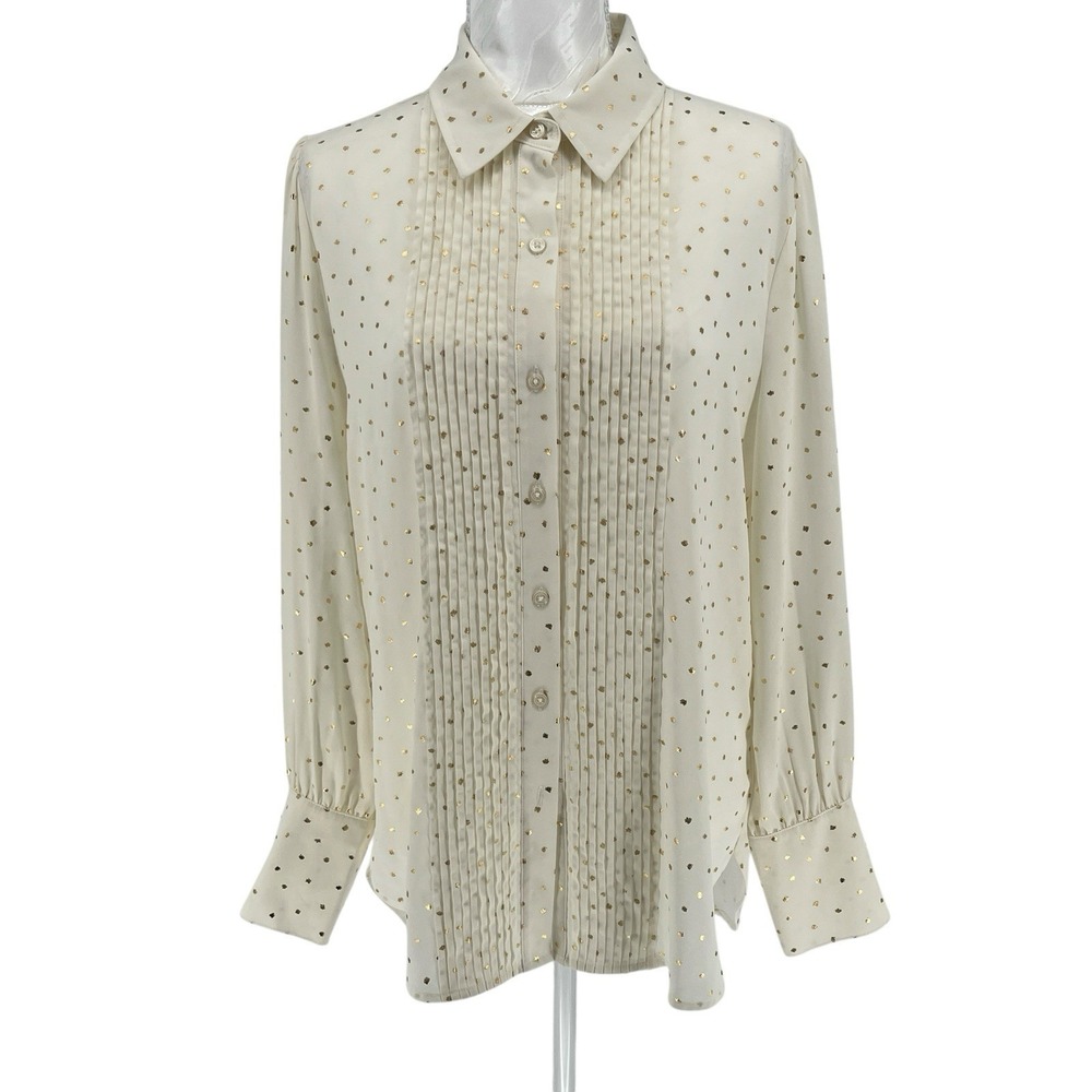 UNTUCKit Women's Size 10 Ivory Gold Metallic Dot Pintuck Button Front Blouse